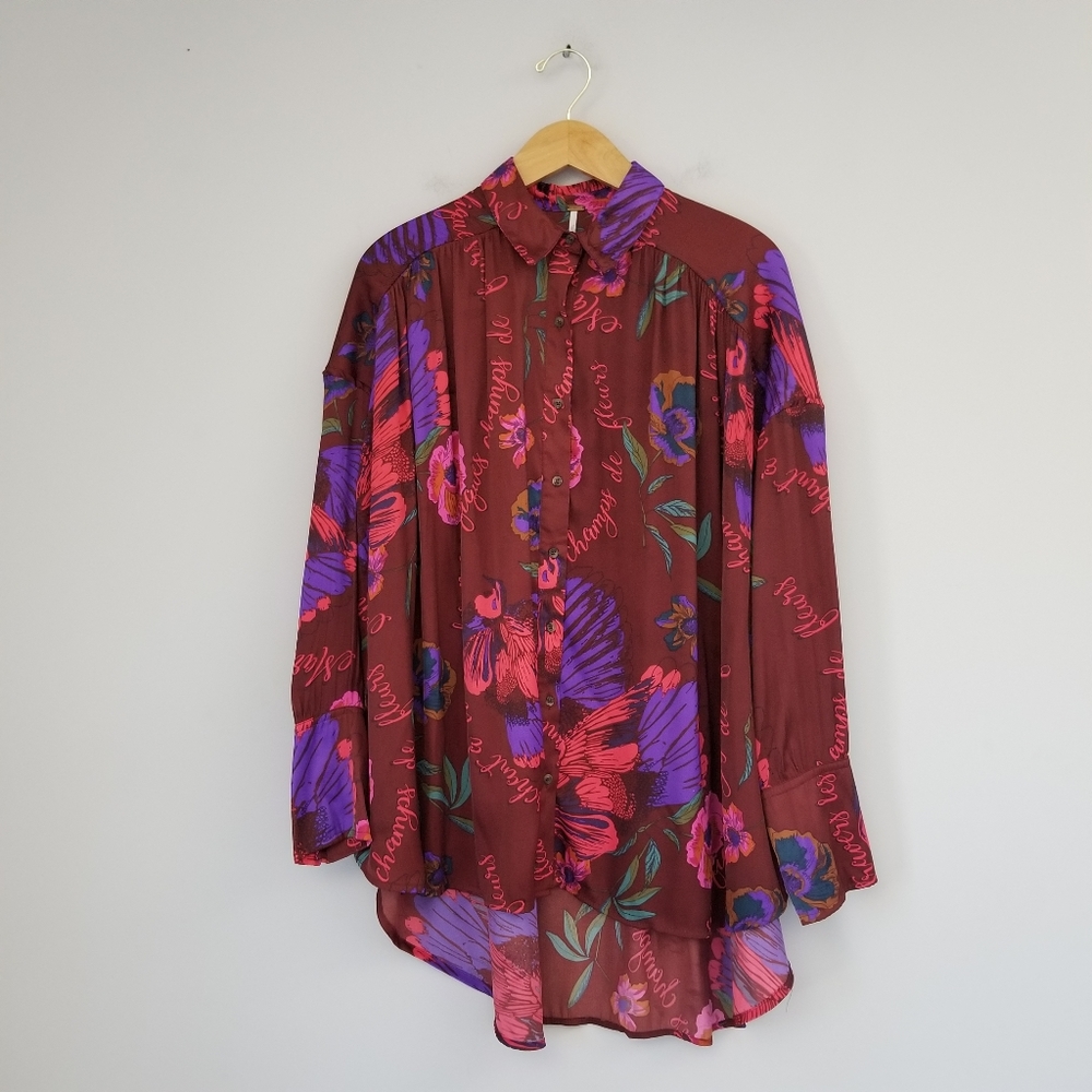 Free People Silky Nights Relaxed Oversized Lightweight Floral Blouse Sz S